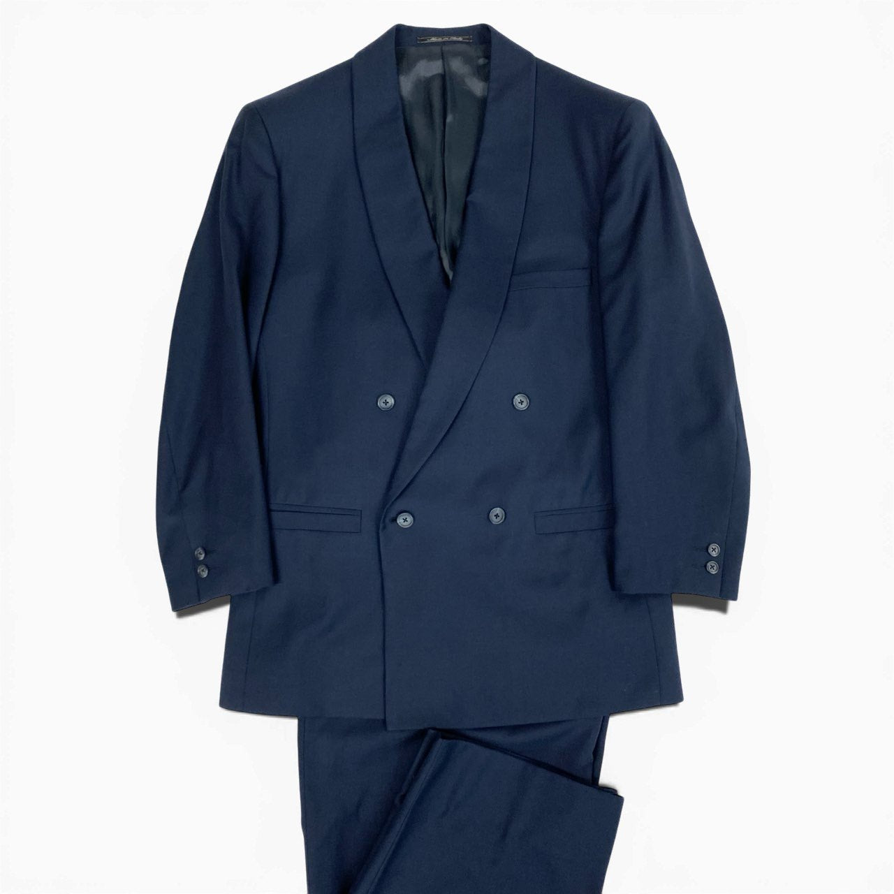 37a19 【美品】 GIANNI VERSACE ジャンニ ヴェルサーチ セットアップスーツ ダブルブレスト フォーマル テーラードジャケット タックパンツ イタリア製 メンズ 紳士服 サイズ50 ネイビー ウール100％u02t