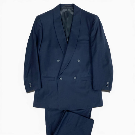 37a19 【美品】 GIANNI VERSACE ジャンニ ヴェルサーチ セットアップスーツ ダブルブレスト フォーマル テーラードジャケット タックパンツ イタリア製 メンズ 紳士服 サイズ50 ネイビー ウール100％u02t