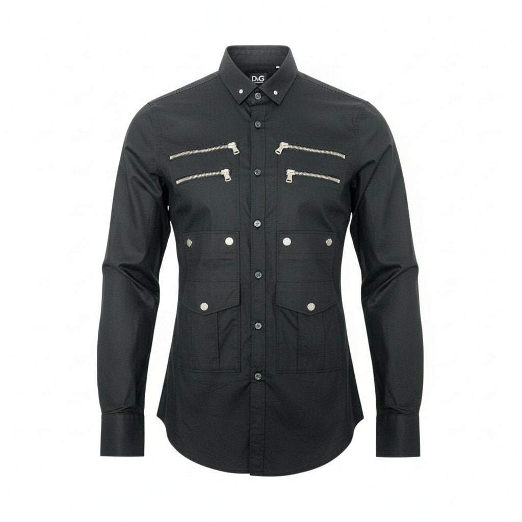 86l20 DOLCE&GABBANA ドルチェアンドガッパーナ 00`s vintage  Zip Cargo Shirt ロングスリーブシャツ ジップデザイン コットンシャツ メンズ 44 ブラック 綿100％k02i