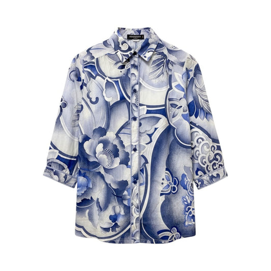 84b17 LEONARD レオナール ロングスリーブシャツ チュニックシャツ 総柄プリント 0395247 9Rサイズ ブルー系 コットン100％ レディース 女性用u02t