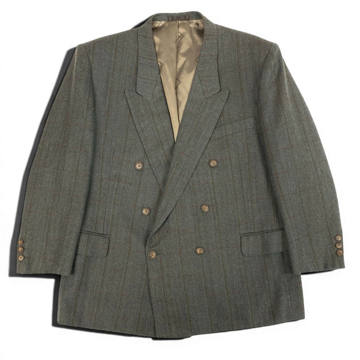 78f2 dunhill ダンヒル CUSTOM MADE ダブルブレスト テーラードジャケット ピークドラペル チェック柄 グレー系 メンズ 紳士服o07t
