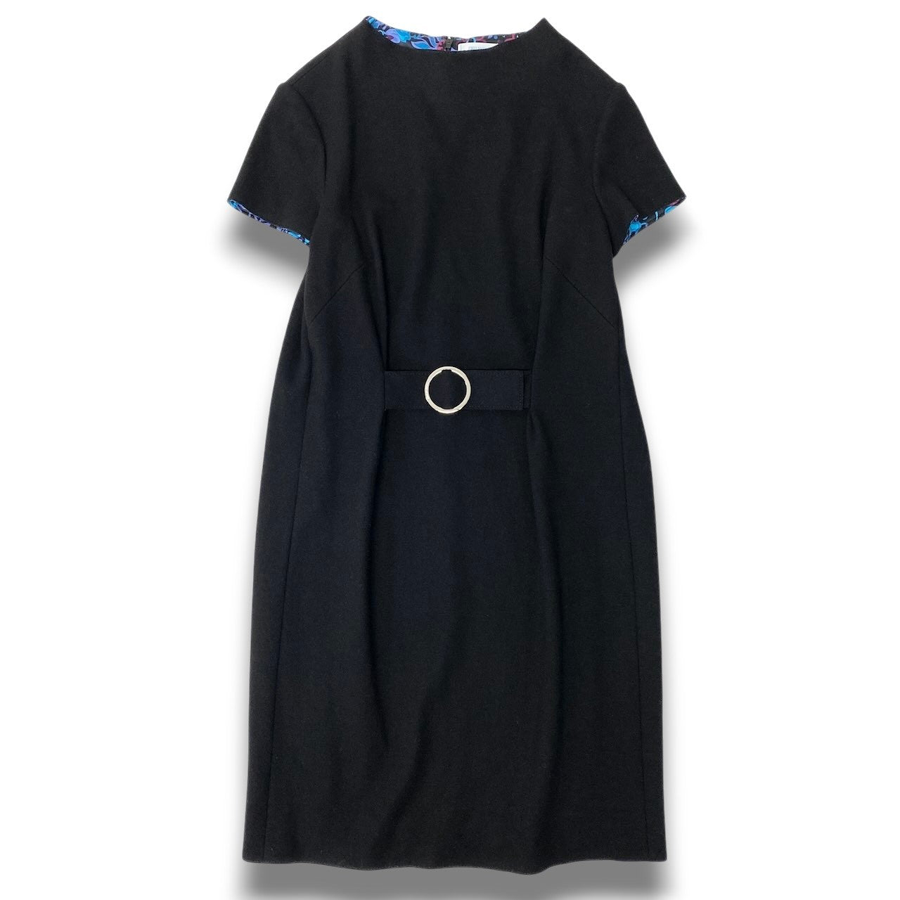 15c24 【新品保管品】EMILIO PUCCI エミリオプッチ ウールドレスワンピース 半袖ワンピース ウエストベルト イタリア製 46サイズ ブラック ウール100％ レディース 女性用u02t