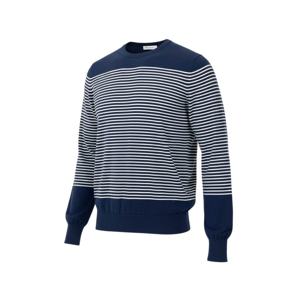 27L1 《未使用保管品》 malo マーロ ニットセーター ロングスリーブ ボーダー柄 ハイゲージニット メンズ 紳士服 50 ネイビー ホワイト コットン100％u02t