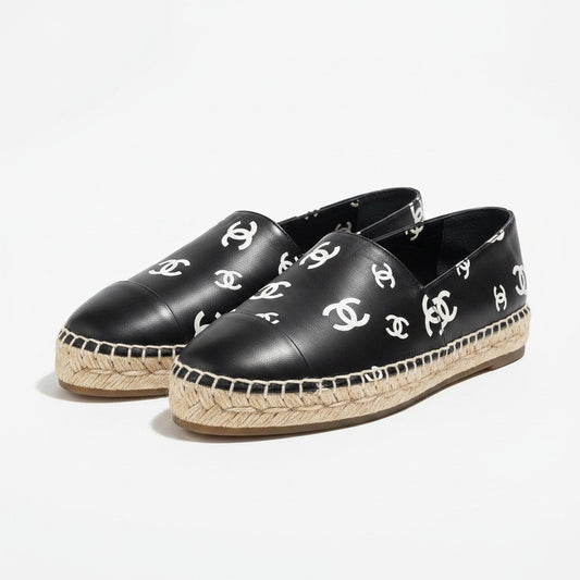 e13 CHANEL シャネル エスパドリーユ フラットシューズ ココマーク レザー G38628 サイズ39 ブラック レディース 女性靴ta1