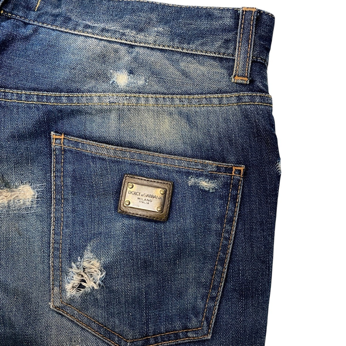 31h18 DOLCE＆GABBAN ドルチェアンドガッバーナ  デニムパンツ 14stretch ジーンズ イタリア製 ダメージ加工 ロゴプレート 48 インディゴブルー コットン100％ メンズ 男性用o07t