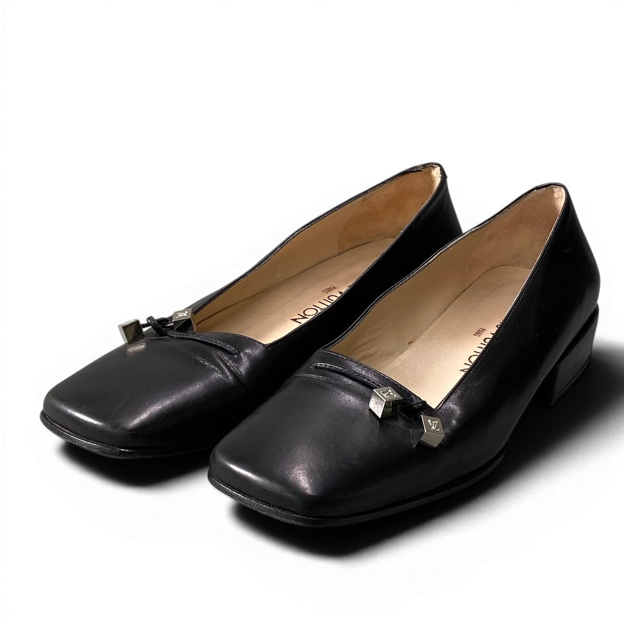e4 LOUIS VUITTON ルイヴィトン スクエアトゥ ヒールパンプス ローヒール ロゴキューブ レザー 36 1/2 ブラック レディース 女性靴o07t