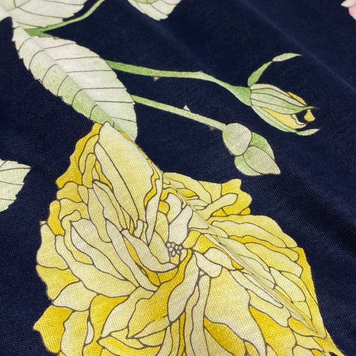 73f9 【美品】 LEONARD FASHION レオナール ノーカラー ロングジャケット カーディガン  美しい花柄プリント 金ボタン サイズM ネイビー コットン100％ レディース 女性服u02t