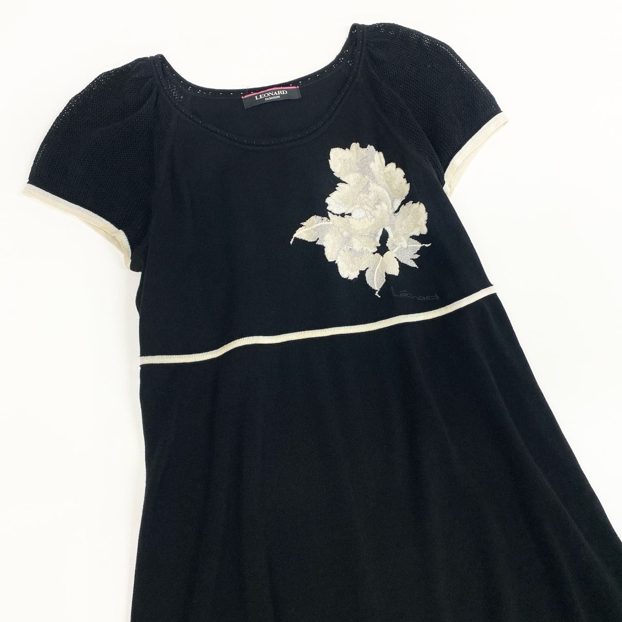 31b12 LEONARD レオナール ラメ花柄刺繡 コットンニットワンピース ロングワンピース LL ブラック レディースu02t