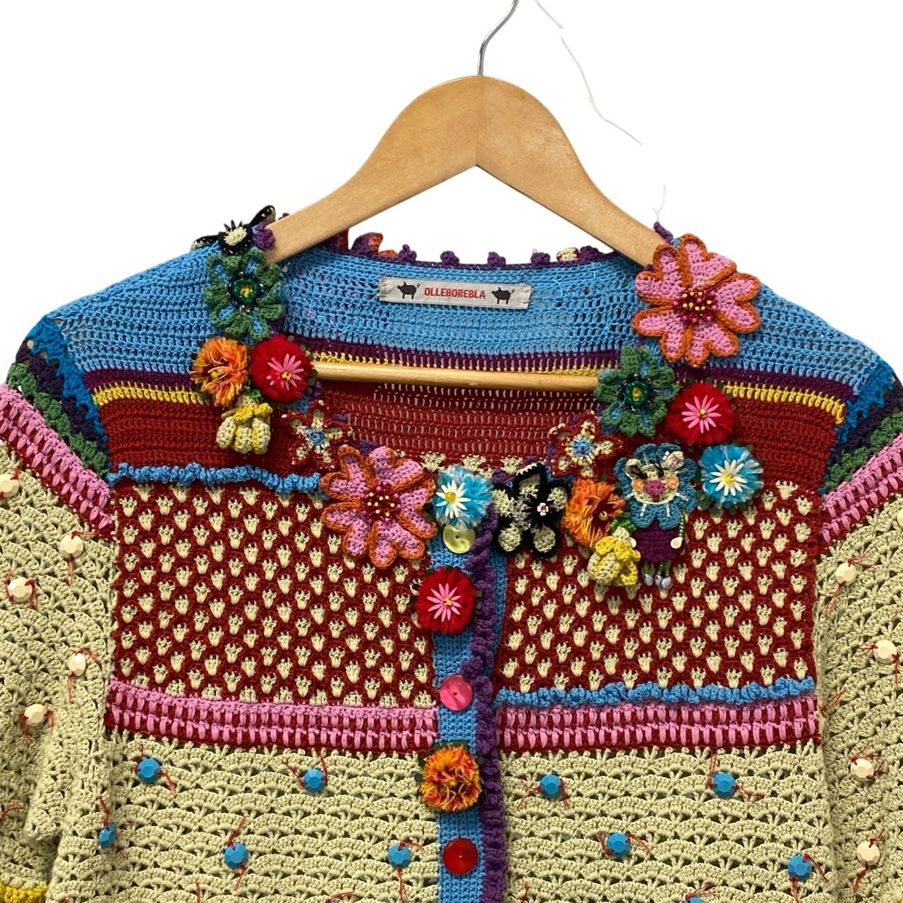 11a30 OLLEBOREBLA オレボレブラ アルベロベロ 透かし編みニットカーディガン ブタさん お花 ビーズ刺繍 マルチカラー レディース 女性用u02t