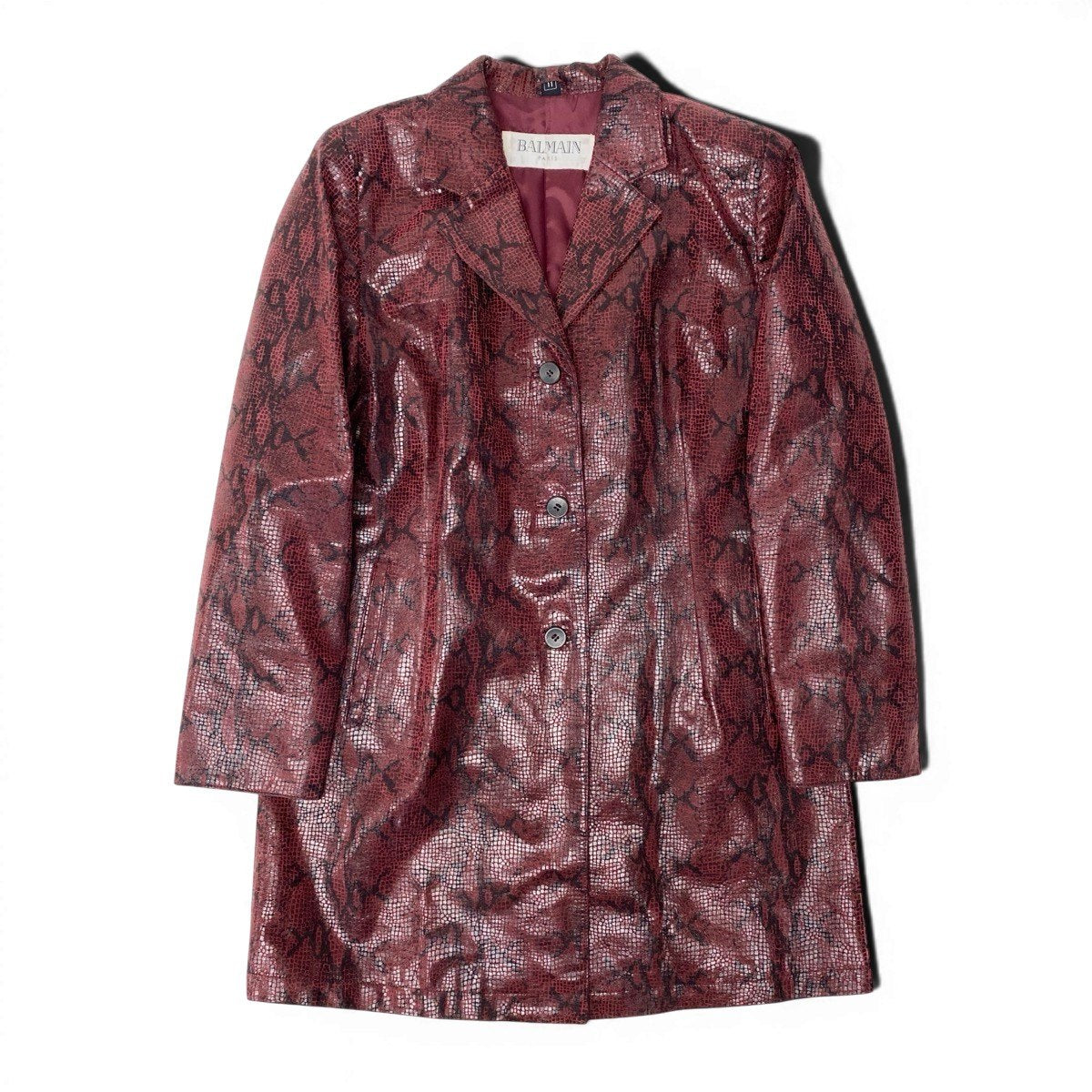 Ee25 BALMAIN バルマン パイソン柄 ロングジャケット レザー サイズ11 レッド ブラック レディースo07t