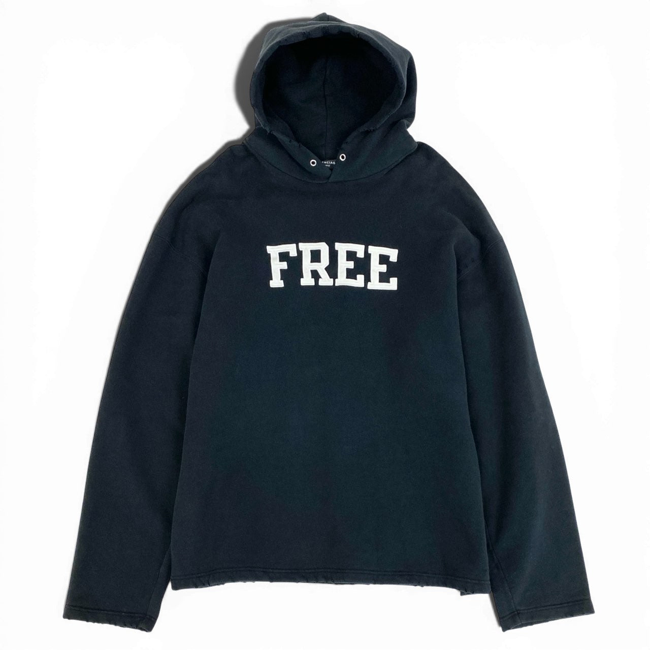 30a9 BALENCIAGA バレンシアガ 21AW UNIFIT 裏起毛 オーバーサイズ スウェットパーカー FREEロゴ クラッシュ加工  ユニセックス 男女兼用 XXS ブラック コットン100％o07t