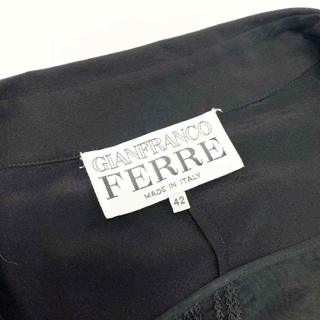67a12 Vintage GIANFRANCO FERRE ジャンフランコフェレ 長袖ワンピース ロングワンピース 刺繍デザイン 42 ブラック シルク レディース 女性用 イタリア製u02t