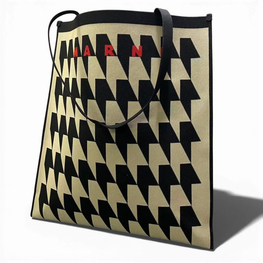 c23 MARNI マルニ 千鳥格子 ジャガード トートバッグ ブラック/ベージュ ユニセックス レディース メンズ バッグk02i