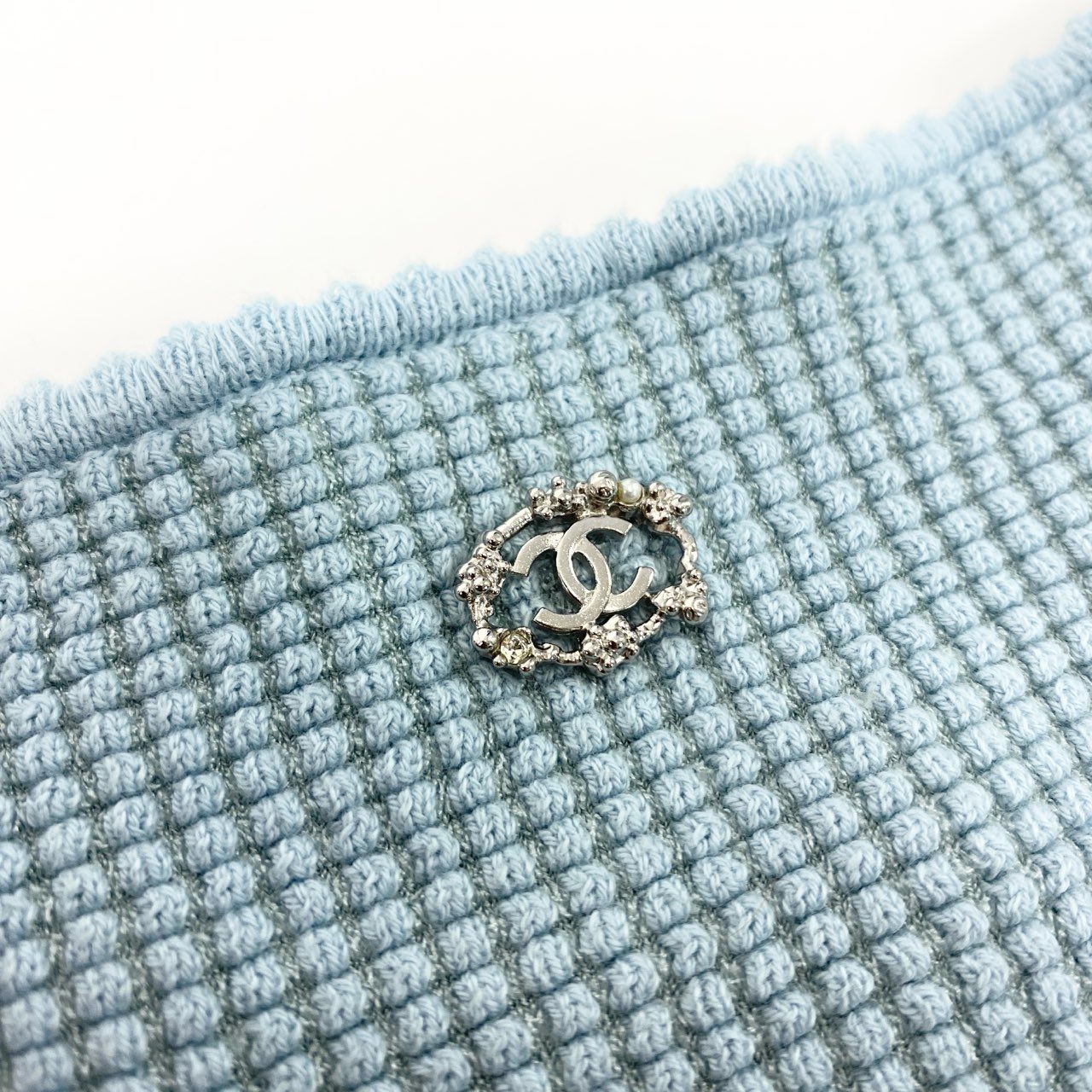 15K18 【美品】CHANEL シャネル 2014SS レース切替 ワッフルカットソー P41341K03047 サイズ34 ブルー系 レディース 女性用 トップスk02i