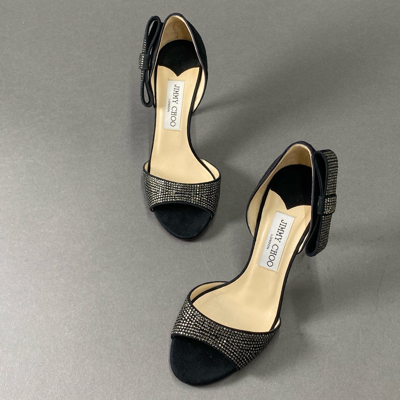 6f18 《極美品》 JIMMY CHOO ジミーチュウ ラインストーン リボン パンプス サンダル 36 1/2 ブラック スエードレザー グリッター イタリア製 シューズ