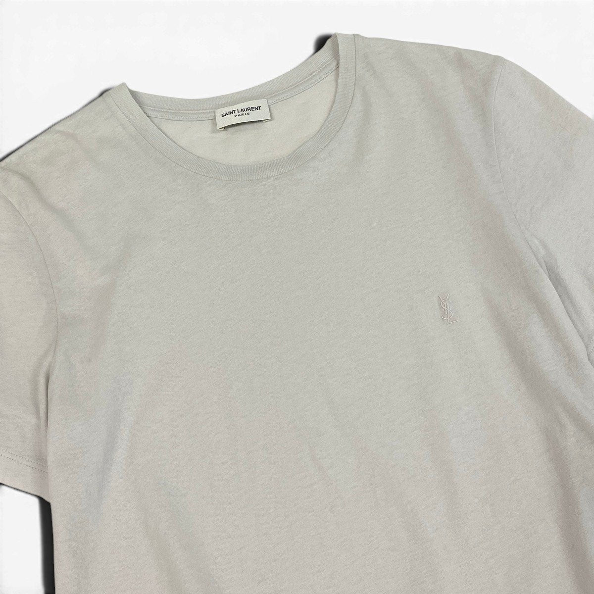Ee29  SAINT LAURENT サンローラン クロップド丈 クルーネック 半袖Tシャツ YSLロゴ刺繡 サイズL ライトグレー コットン100％ レディース 女性服u02t