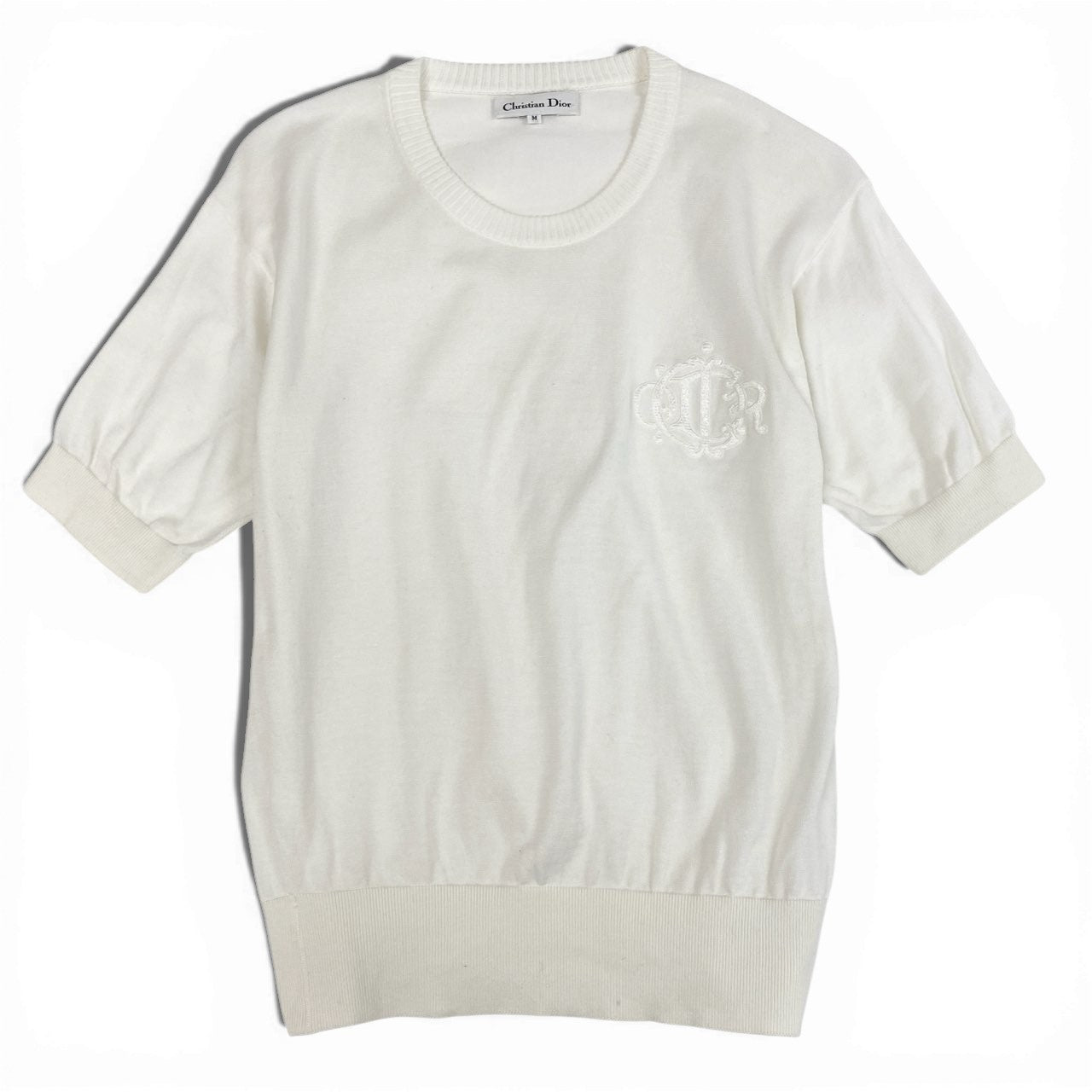12a23 Christian Dior クリスチャンディオール 半袖ニット サマーセーター トップス エンブレム刺繍 M ホワイト コットン レディースu02t