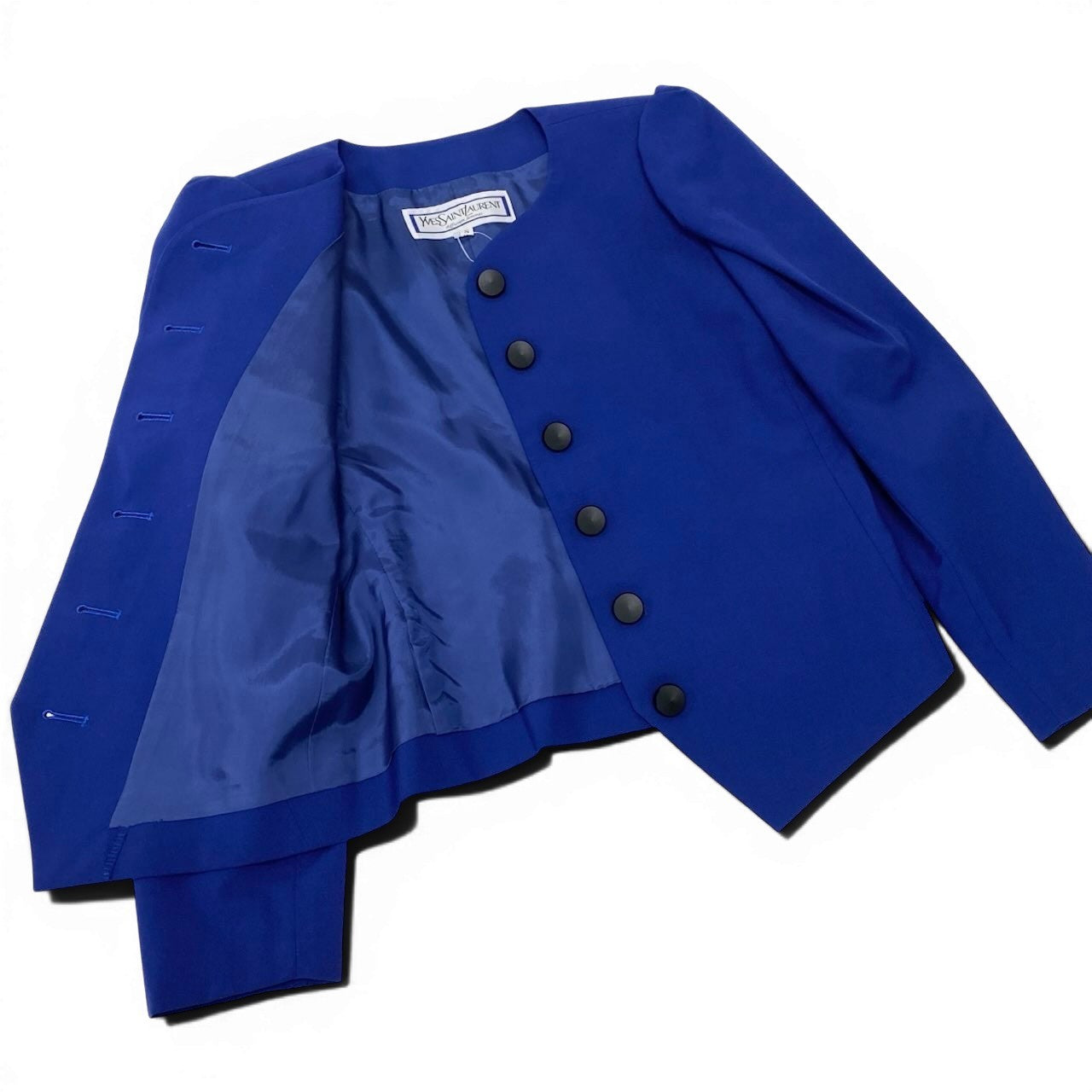 88g20 【美品】YVESAINTLAURENT イヴサンローラン パフショルダージャケット ノーカラージャケット アウター Sサイズ ブルー ウール100％ レディース 女性用u02t