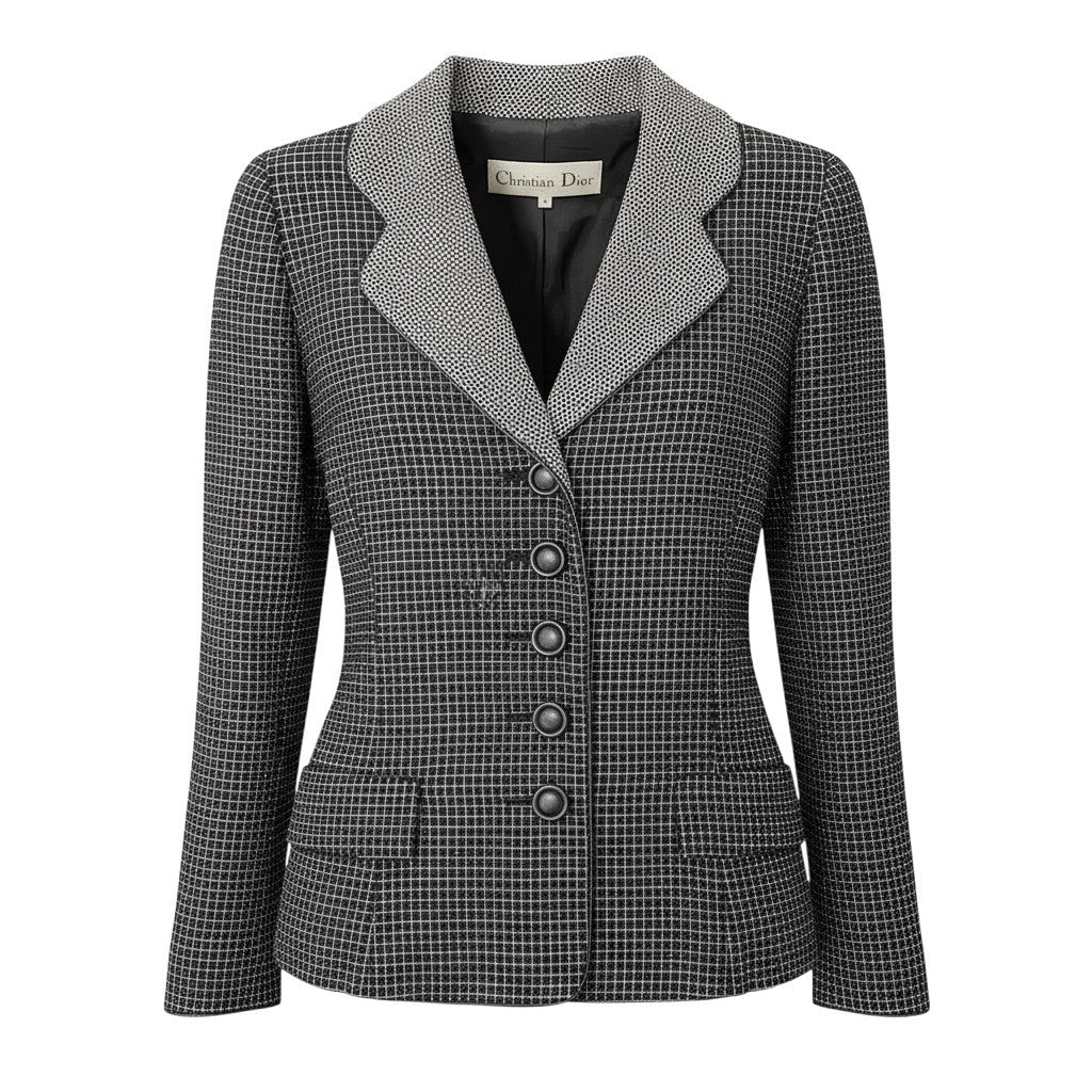 62e12 Christian Dior クリスチャンディオール テーラードジャケット  レザーパイピング チェック柄 総柄 サイズ9 ブラック ホワイト レディース 女性用o07t