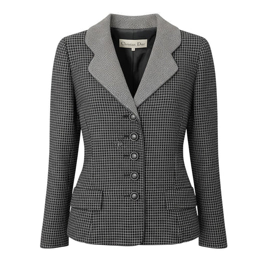 62e12 Christian Dior クリスチャンディオール テーラードジャケット  レザーパイピング チェック柄 総柄 サイズ9 ブラック ホワイト レディース 女性用o07t