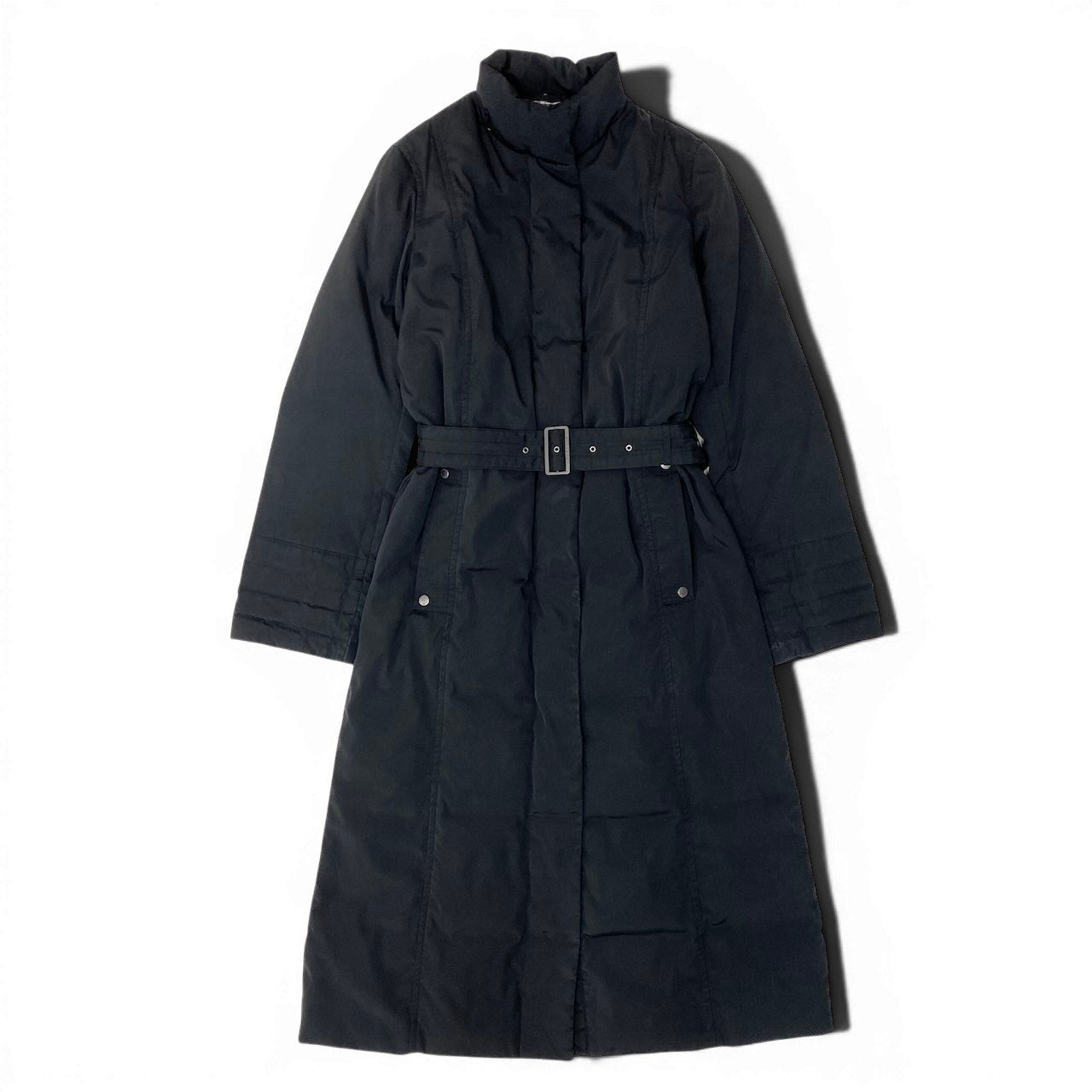 90g27 BURBERRY LONDON バーバリー ウエストリボン ロング ダウンコート 裏地ノバチェック サイズ38 ブラック レディース女性用o07t