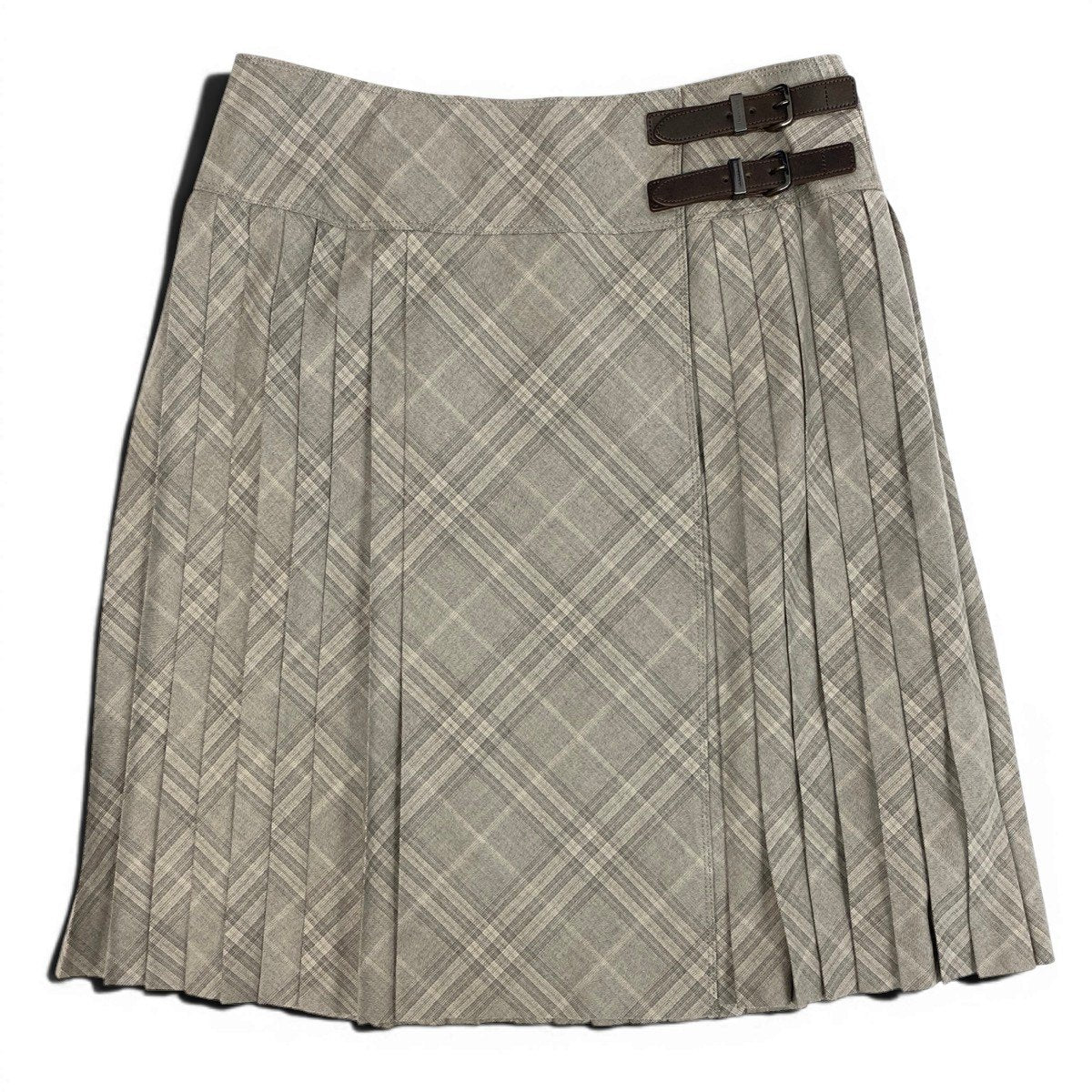 Ee25 【タグ付き】 BURBERRY  LONDON バーバリーロンドン チェック プリーツスカート ラップスカート レザーベルト サイズ46 グレージュ系 ウール100％ レディース女性服o07t
