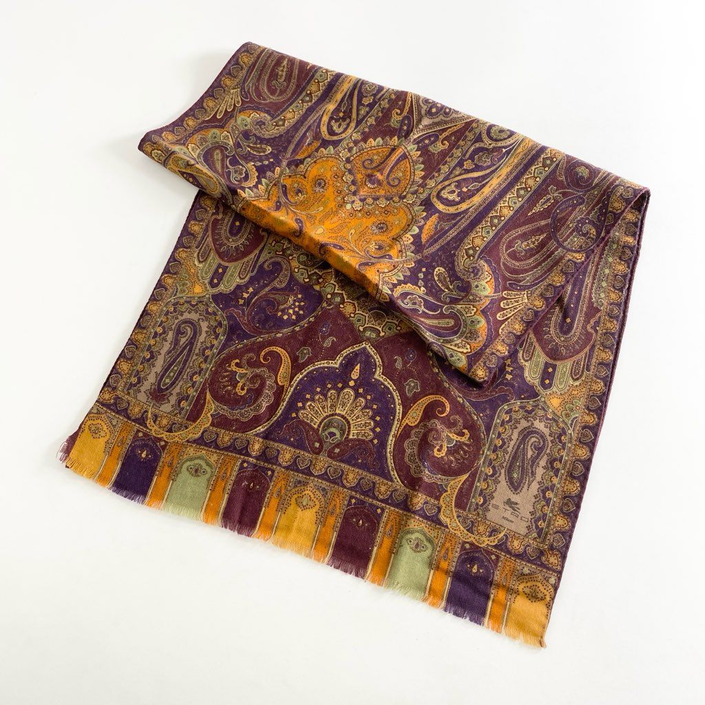 4f8 ETRO エトロ シルク混 ストールマフラー ペイズリー 茶系 ショール イタリア製