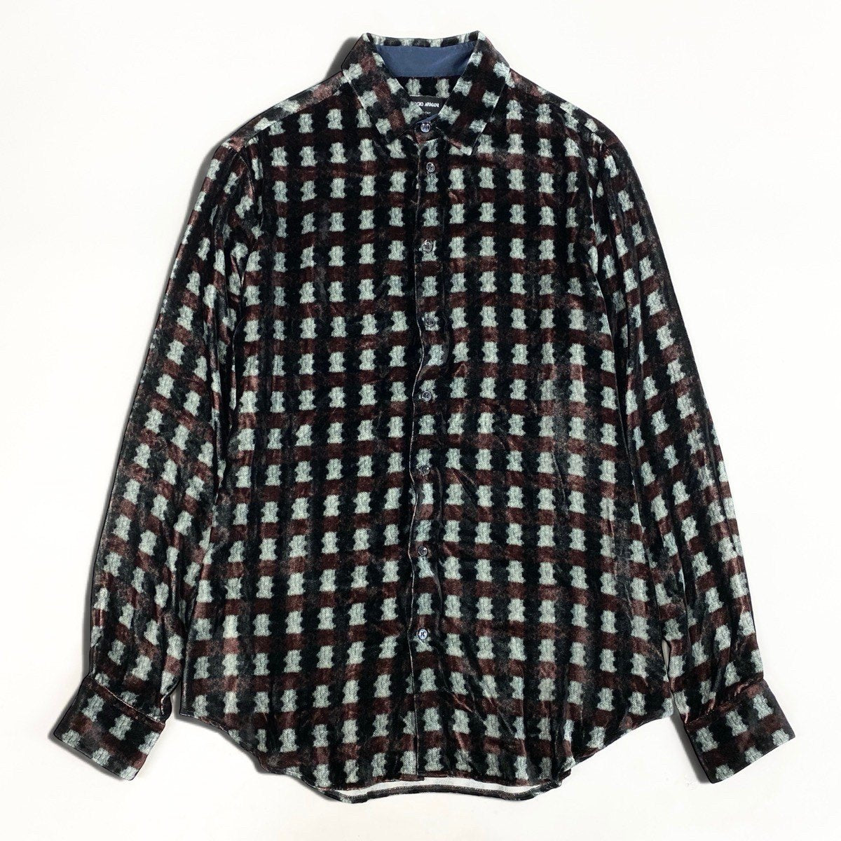 43i15 《美品》 GIORGIO ARMANI ジョルジオアルマーニ 長袖シャツベロア ドレスシャツ イタリア製 総柄シャツ チェック柄 16 ブラック メンズ 男性用u02t