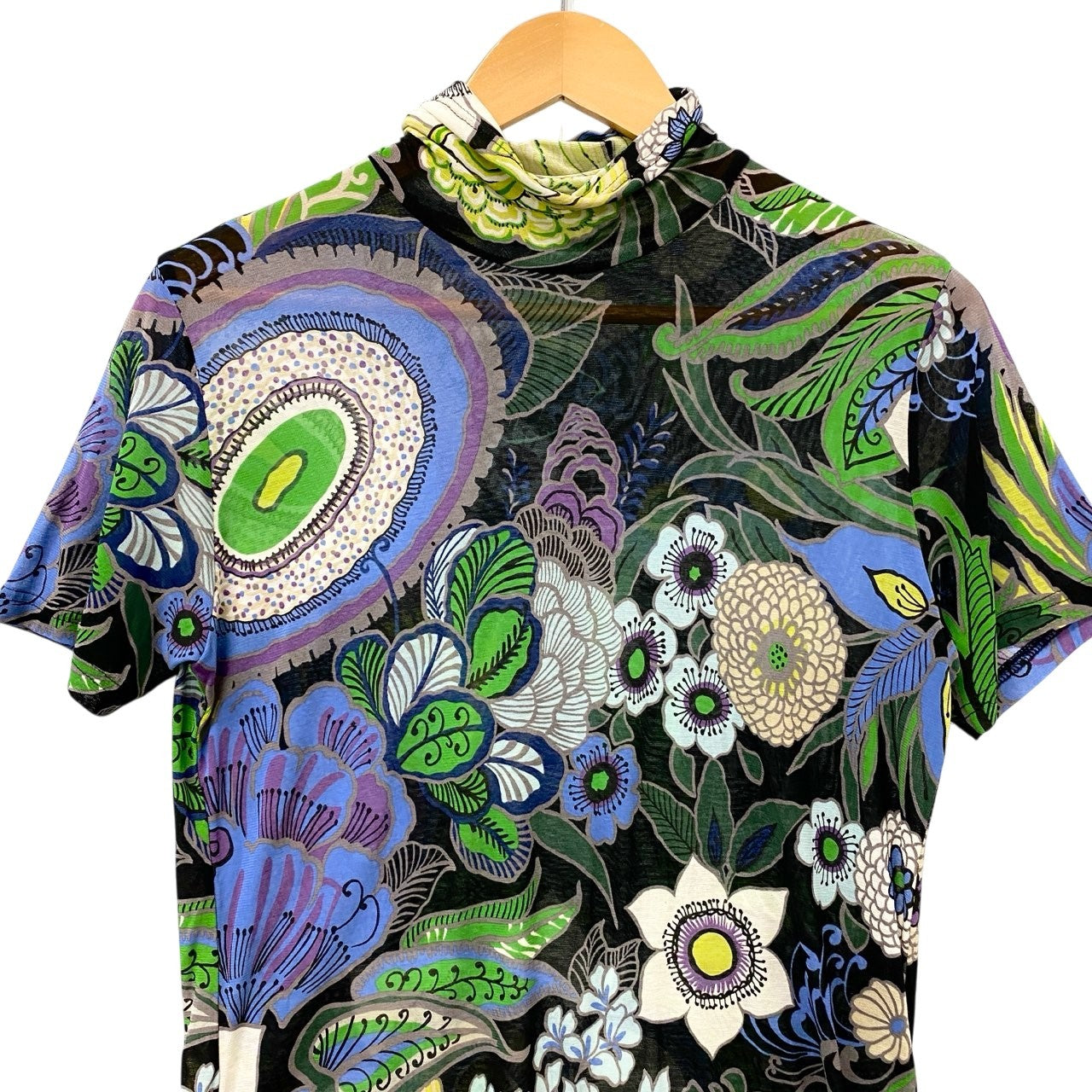 5c2 半袖 シアーカットソー ハイネックトップス 総柄プリント フラワーモチーフ レディース 女性服 サイズ9 マルチカラー コットン100％u02t