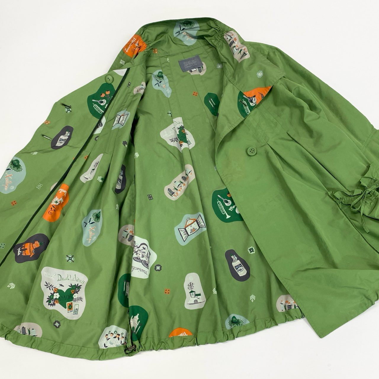 56k27 《美品》 TOKUKO 1er VOL トクコプルミエヴォル 薄手コート ジャケット 裏地総柄 Aライン 9 グリーン ポリエステル レディースu02t