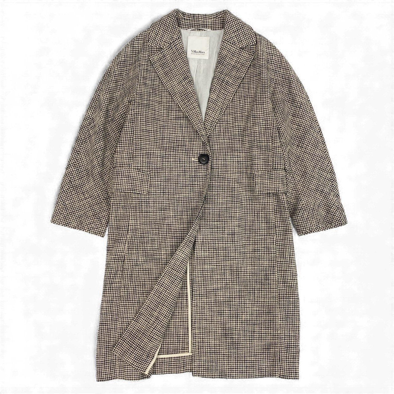 52L9 ’S MaxMara エスマックスマーラ ロングジャケット ロングコート ブレザーコート ハウンドトゥース アウター 40サイズ ブラック アイボリー レディースk02i