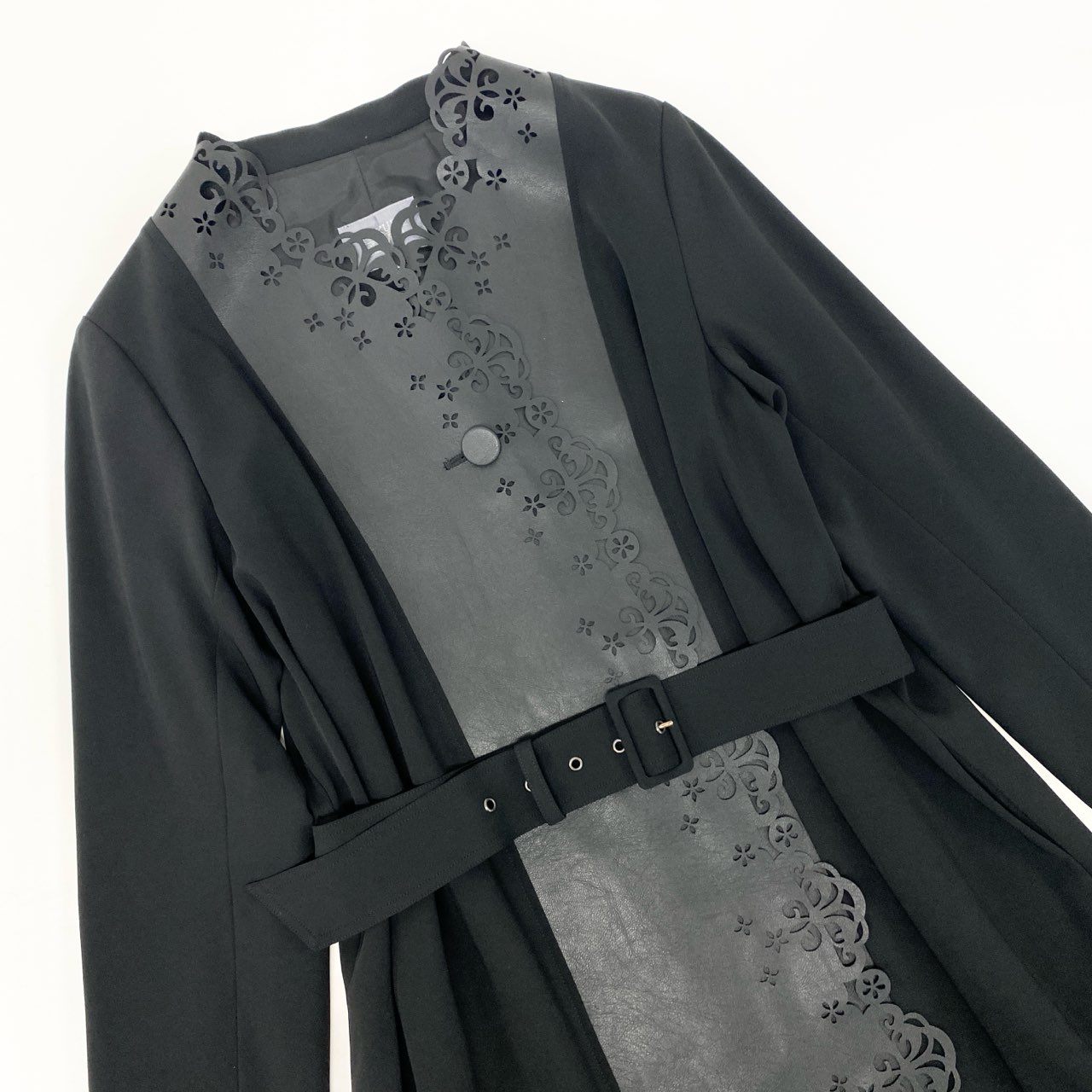 28k29 TOKUKO 1er VOL トクコプルミエヴォル レザー切替 ロングコート フラワーパンチング レザー ストレッチ○ レディース 女性用 9 ブラックu02t