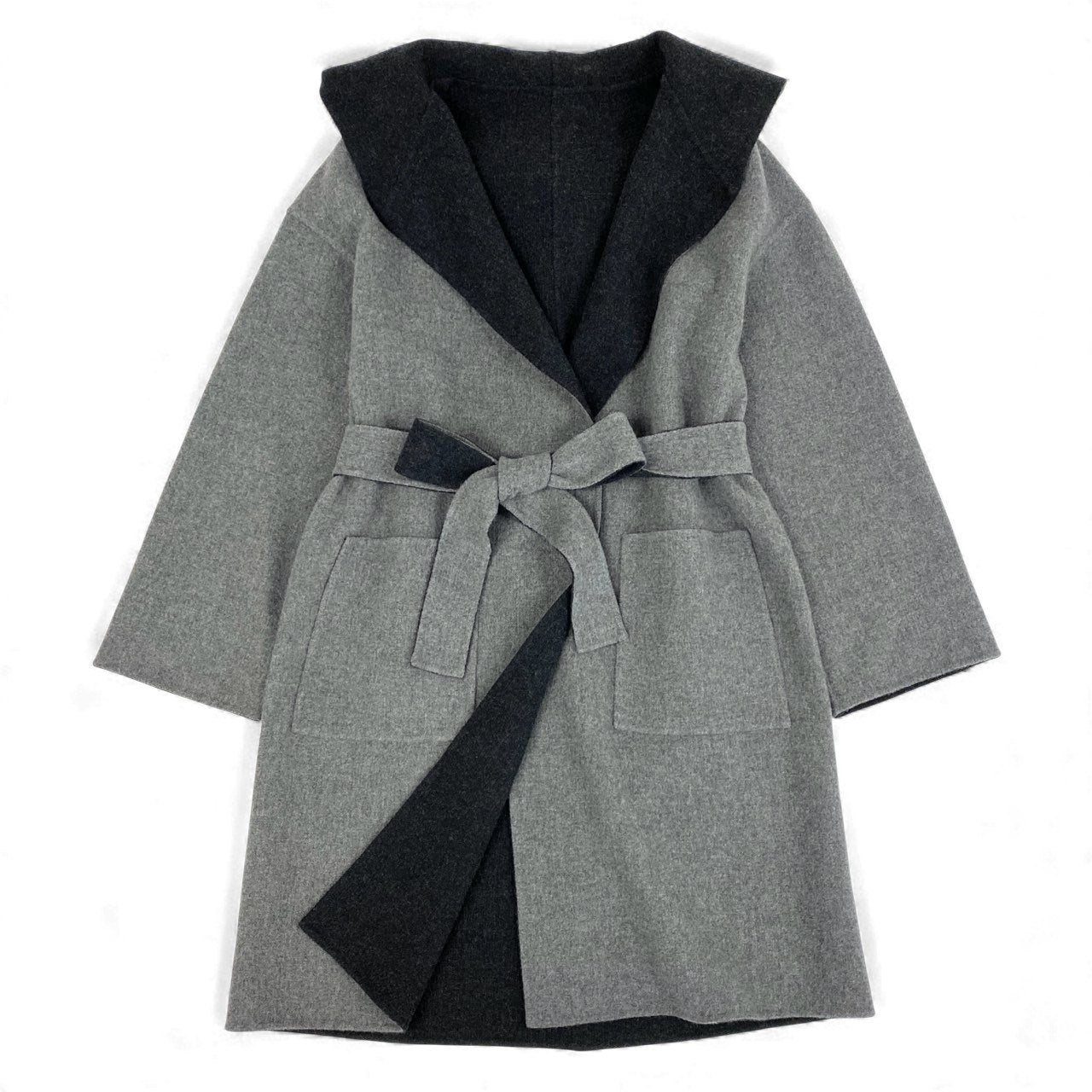 14L1 【美品】bamford バンフォード ウールロングコート リバーシブルコート フーデットコート アウター イタリア製 Mサイズ相当 グレー レディースu02t