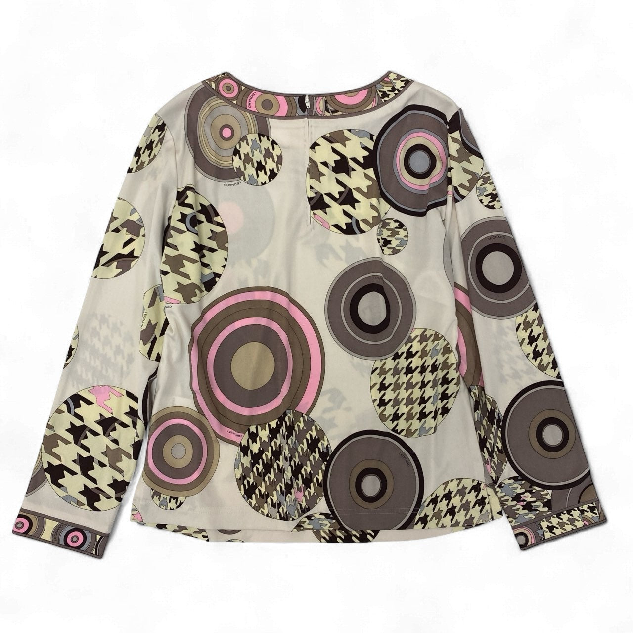 38k19【美品】LEONARD レオナール 長袖カットソー カンカン素材 総柄 クルーネック トップス 0179503 Lサイズ マルチカラー レディースu02t