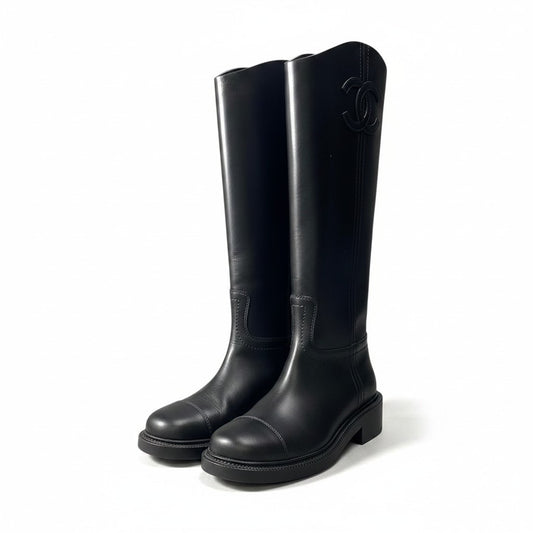 f18 CHANEL シャネル レザーブーツ ロングブーツ CCロゴ カーフレザー イタリア製 レディース 女性靴 G45433 37 1/2 ブラックu02t