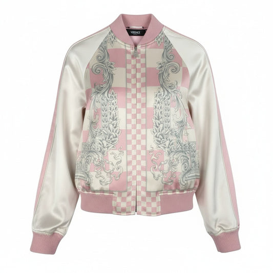 65b10【新品保管品】VERSACE ヴェルサーチ ボンバージャケット バロッコプリント ブルゾン イタリア製 38サイズ ピンク ホワイト レーヨン100％ レディース 女性用k02i