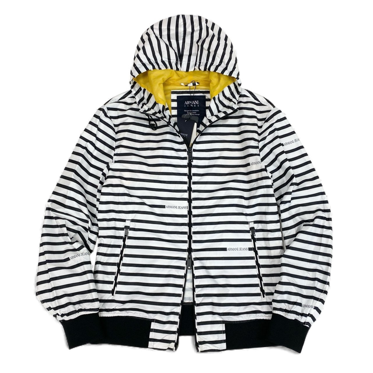 8L5【美品】ARMANI JEANS アルマーニジーンズ フーディージャケット  ダブルジップジャケット ボーダー 3Y6B20 6NDAZ 48サイズ ホワイト ブラック メンズu02t