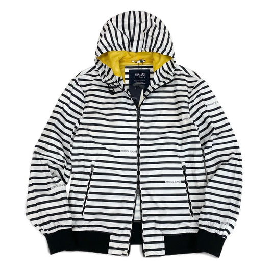 8L5【美品】ARMANI JEANS アルマーニジーンズ フーディージャケット  ダブルジップジャケット ボーダー 3Y6B20 6NDAZ 48サイズ ホワイト ブラック メンズu02t