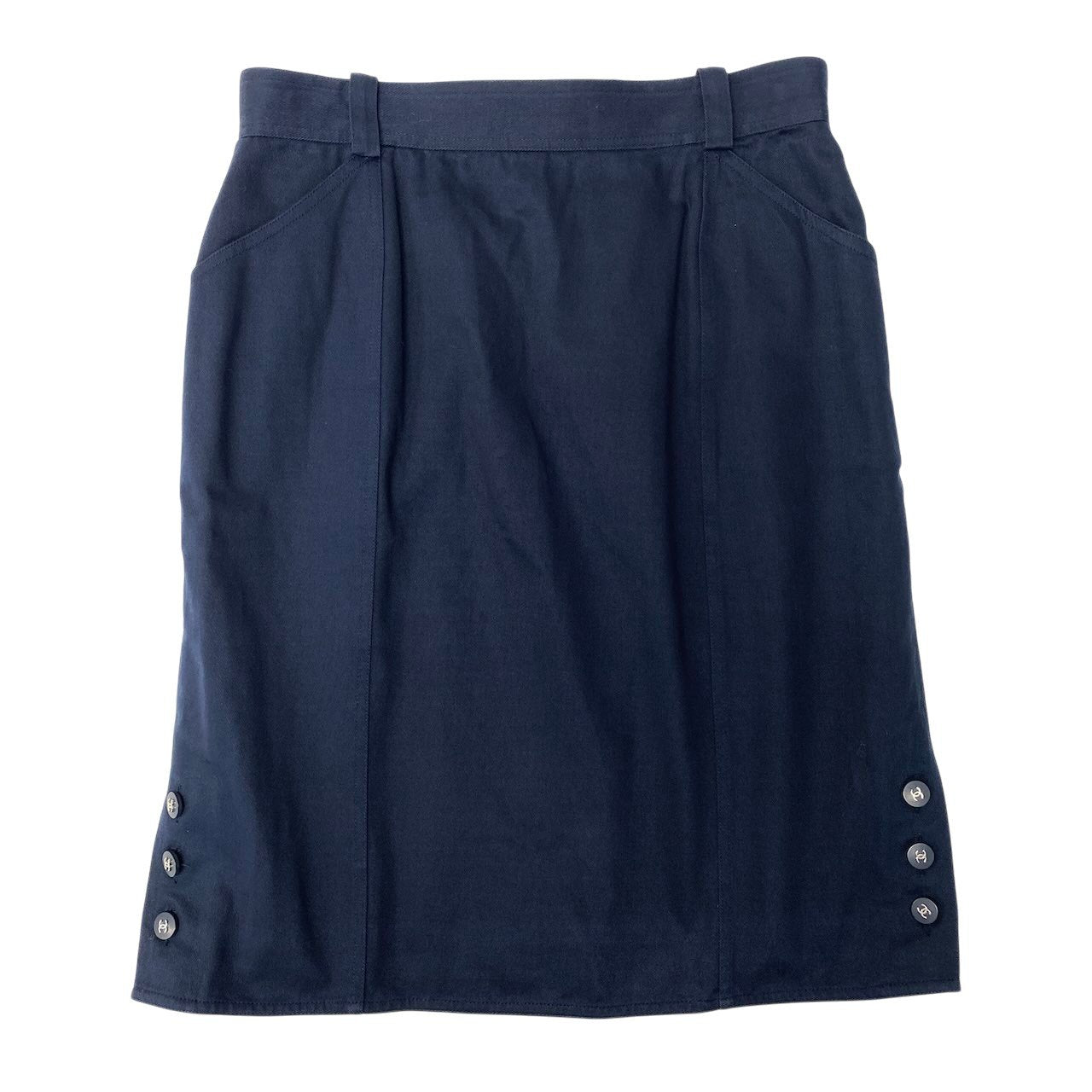Cd2  CHANEL シャネル 膝丈スカート タイトスカート ココマークボタン レディース 女性服 サイズ42 ネイビー コットン100％u02t