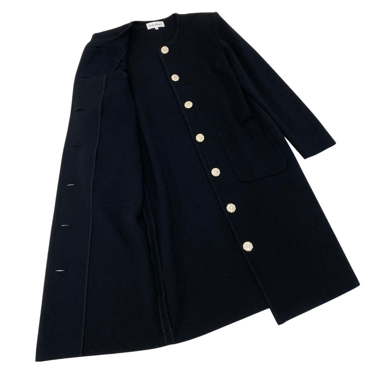 84g15 YVES SAINT LAURENT イヴサンローラン ノーカラー ニットコート ビジューボタン ロングコート サイズL ブラック ウール100％ レディースu02t