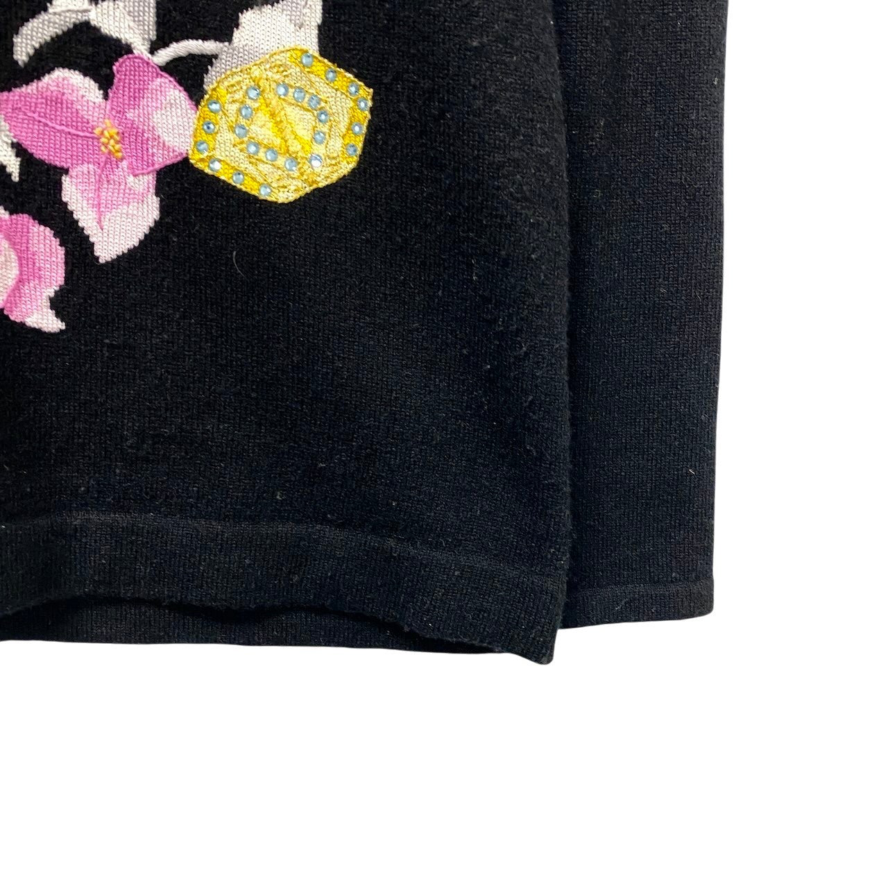 1f18 LEONARD レオナール ロングスリーブニットセーター カシミヤコットン ラインストーンロゴ 花柄刺繍 42サイズ ブラック レディース 女性用u02t