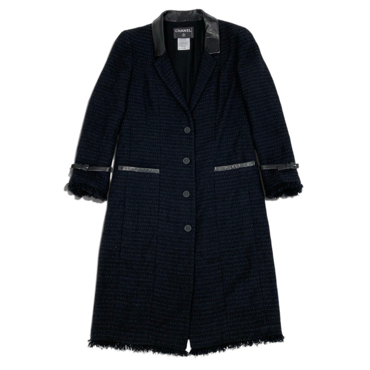 i22 CHANEL シャネル 04A レザー使い ツイードコート 04A Leather Trimmed Tweed Coat P23818 40 ブラックt18r