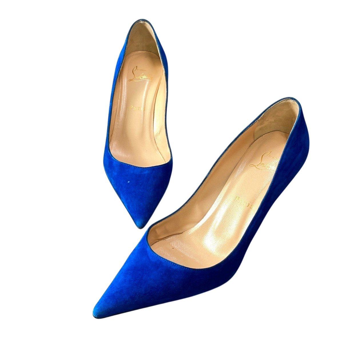 g31 Christian Louboutin ポインテッドトゥ スウェードパンプス シューズ 37サイズ ブルー スウェード レディース 女性用k02i
