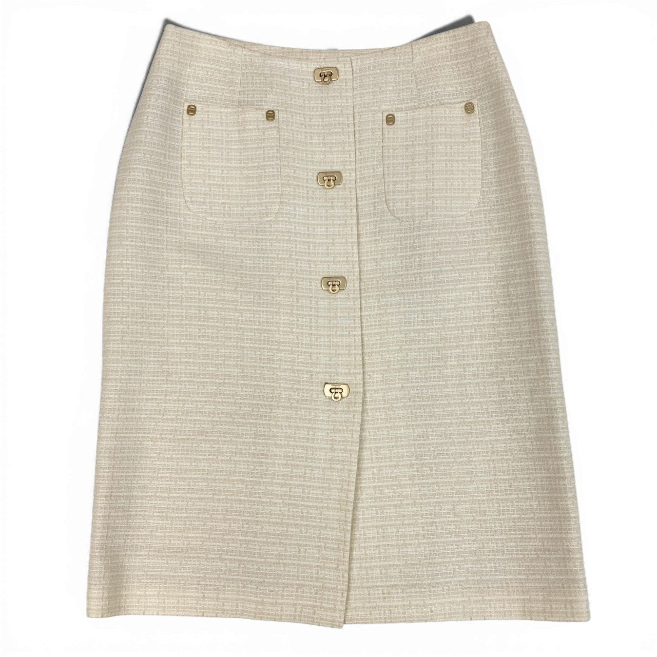 Ib26 《美品》 Salvatore Ferragamo サルヴァトーレフェラガモ ガンチーニターンロック ツイードスカート 38 アイボリー レディースu02t