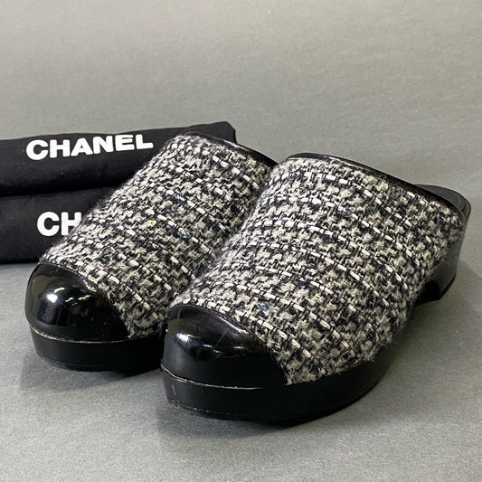 1g9 CHANEL シャネル ツイードサボサンダル 22cm程度 ブラック シューズ サンダル イタリア製