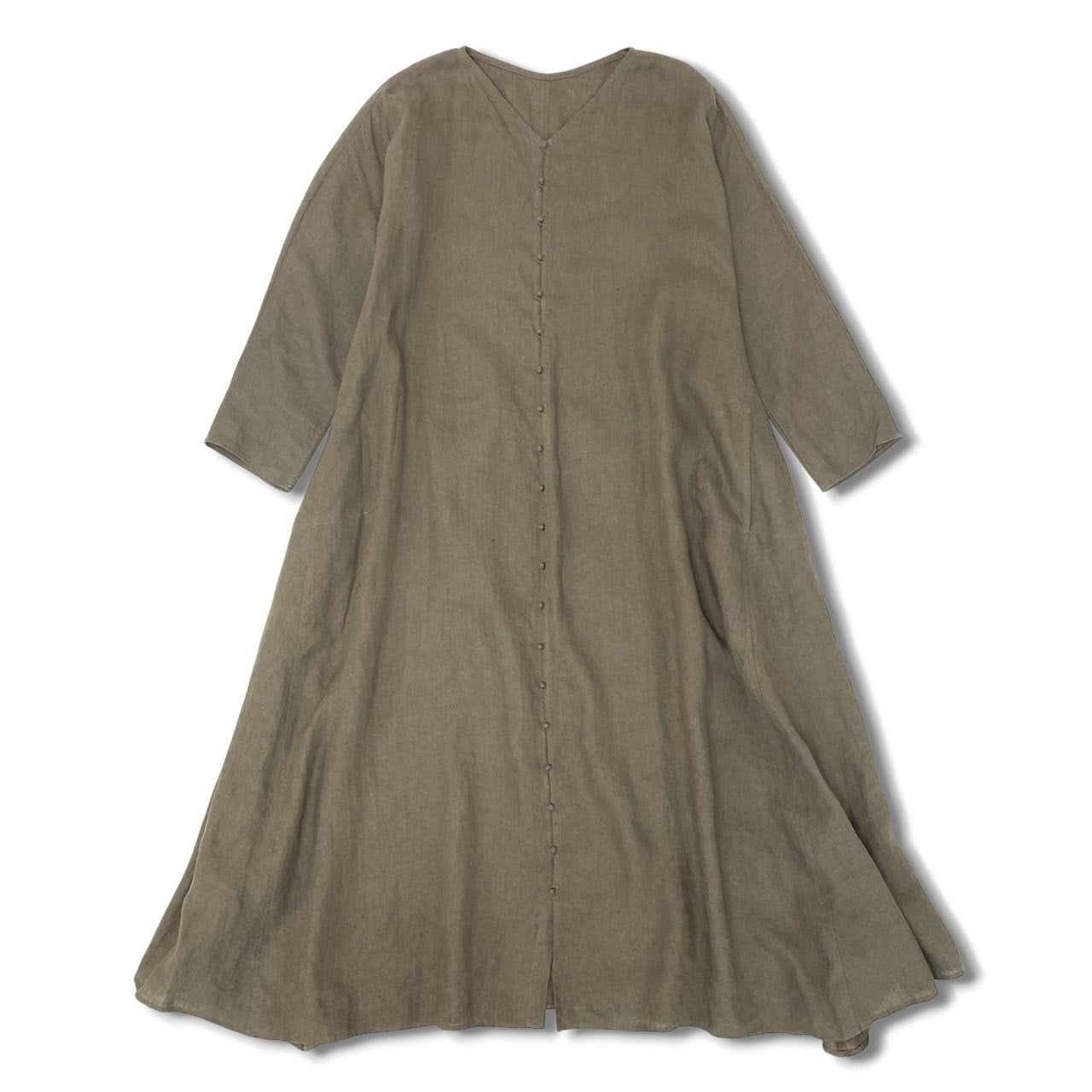 28k29【美品】JURGEN LEHL ヨーガンレール 長袖リネンワンピース ロングワンピース フレア リネン100％ J0103FA011 Mサイズ カーキ レディースu02t