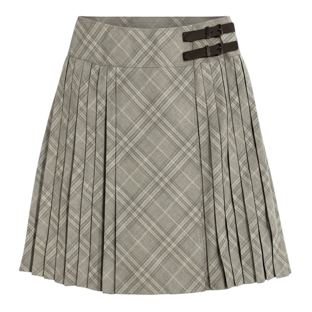 Ee25 【タグ付き】 BURBERRY  LONDON バーバリーロンドン チェック プリーツスカート ラップスカート レザーベルト サイズ46 グレージュ系 ウール100％ レディース女性服o07t