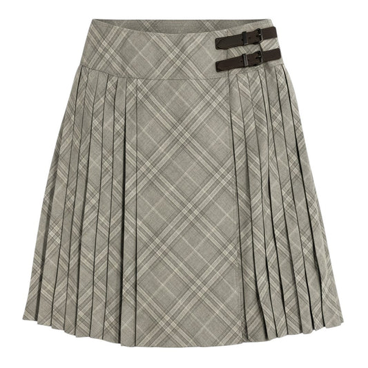 Ee25 【タグ付き】 BURBERRY  LONDON バーバリーロンドン チェック プリーツスカート ラップスカート レザーベルト サイズ46 グレージュ系 ウール100％ レディース女性服o07t