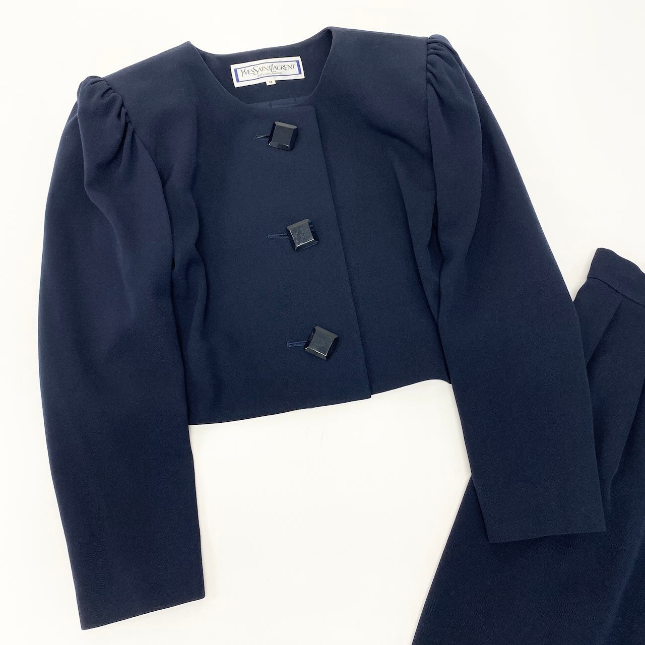 43e11 YVES SAINTLAURENT イヴサンローラン セットアップスカート フォーマル ノーカラージャケット タックスカート サイズM ネイビー ウール100％ レディース 女性服o07t