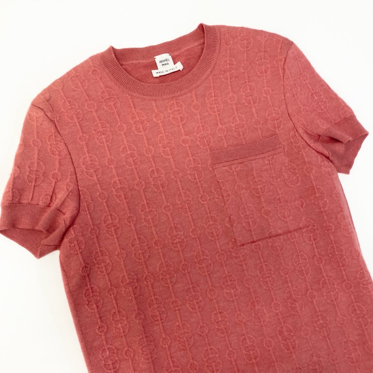 32a29 HERMES エルメス 半袖ニットセーター トップス エンボス加工 カシミヤシルク混 イタリア製 34サイズ オレンジ レディース 女性用o07t